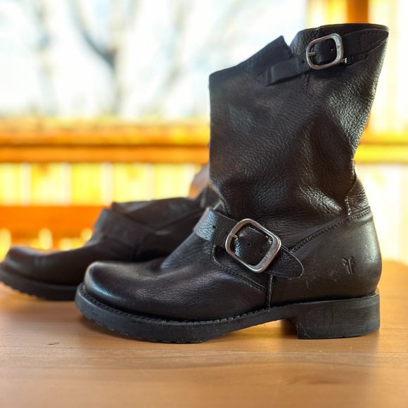 FRYE Veronica Leather Combat Boots - Black Butter-Soft Leather - Picture 1 of 6